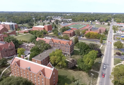 Aerial view of Decatur, Illinois historic buildings